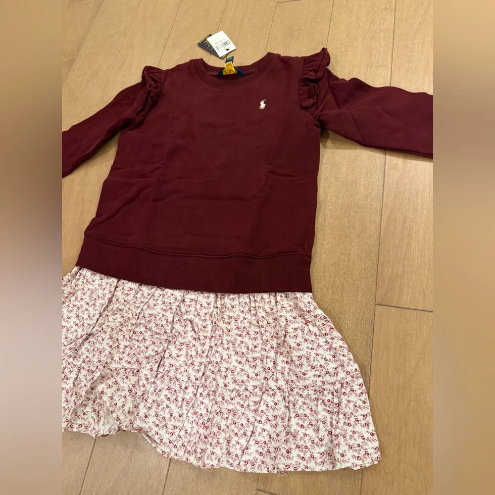 Ralph Lauren Girl’s Burgundy Sweatshirt Dress with Floral Skirt